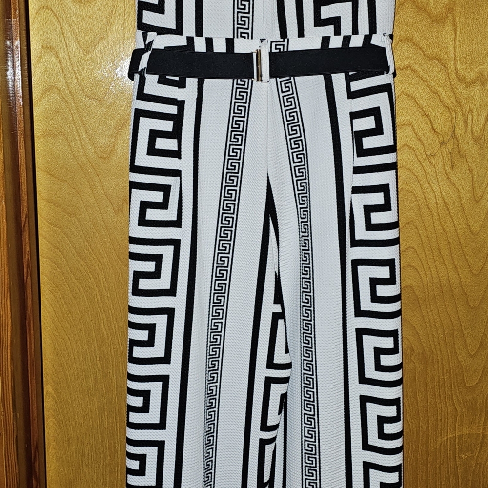 Xtaren Black and White Greek Key Pattern Pants